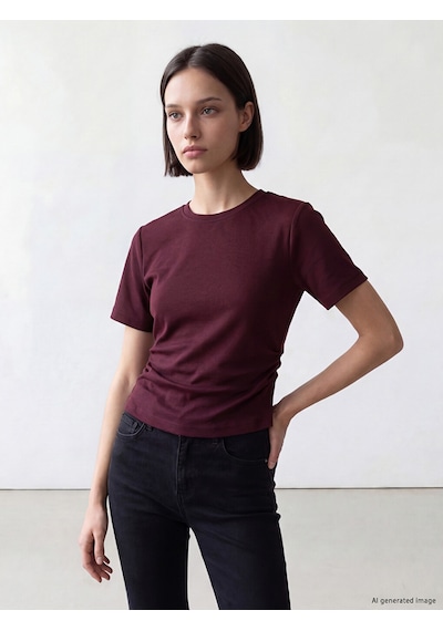 Lcw Comfort Mürdüm Bisiklet Yaka Büzgülü Kadın Tişört