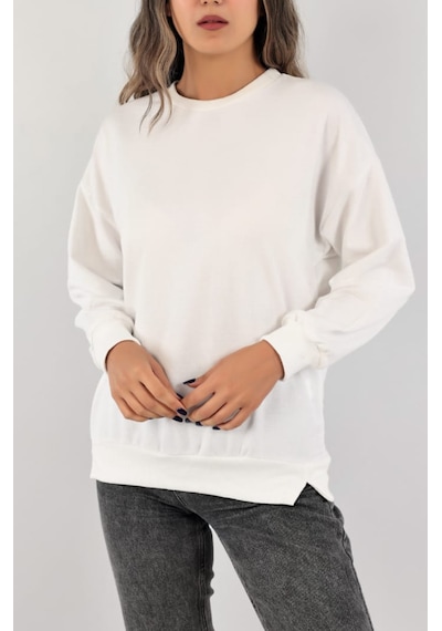 Beyaz Kadın Bisiklet Yaka Sweatshirt Beyaz