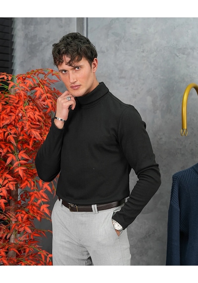 Modefendi Slim Fit İtalyan Kesim Tam Balıkçı Boğazlı Kazak Siyah