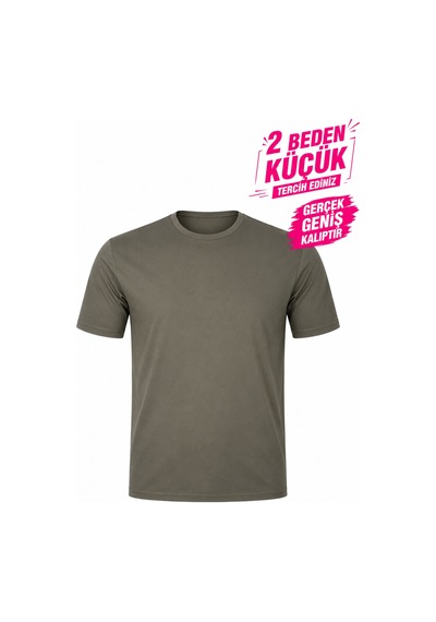 Yuvarlak Yaka Erkek Battal Düz Renk Pamuklu Basic Tshirt Haki