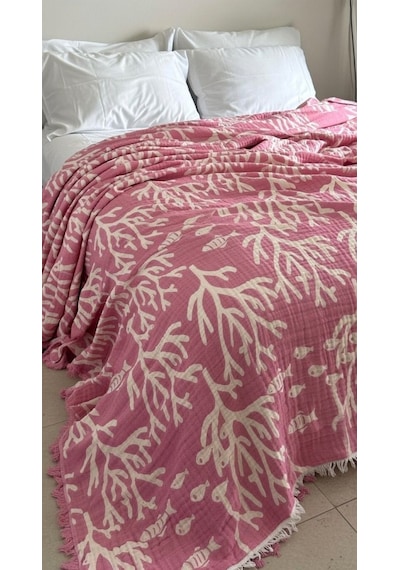 Mercan Desen 4 Katlı Müslin Pike Yatak Örtüsü Battal Boy 240x260 Cm Pembe