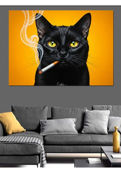 Sigara İçen Siyah Kedi Sarı Gözler Dekoratif Kanvas - Mdf Ahşap Tablo