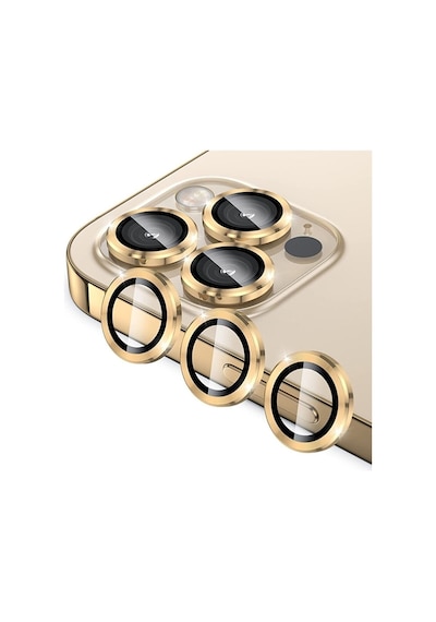 Apple Uyumlu iPhone 14 Pro Max Metal Çerçeveli 3'lü Kamera Lens Koruyucu-GOLD