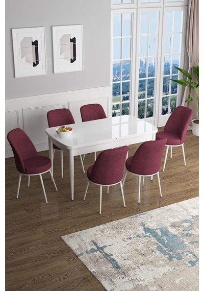Canisa Concept Han Serisi 70x114, Açılabilir Mdf Mutfak Masa Takımı, Beyaz Masa Ve 4 Siyah Sandalye Masa Beyaz Sandalyeler Bordo