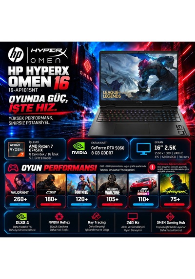 HP Hyperx Omen D9CU3EAP20 R7-8745HX 40 GB 4 TB SSDRTX5060 16" W11P Dizüstü Bilgisayar + Çanta