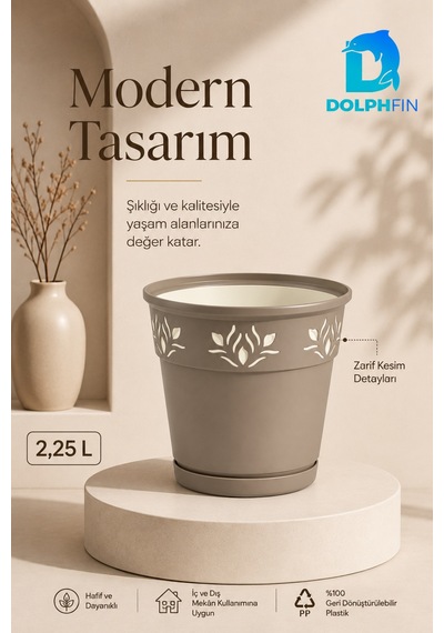 2,25 L Dekoratif Alt Tabaklı Plastik Saksı Çiçek Motifli Karışık Renk