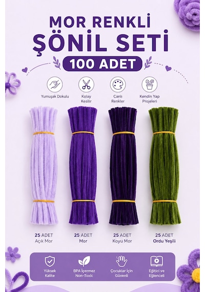 Mor Renkli Şönil Seti 100 Adet Açık Mor, Mor, Koyu Mor Ve Ordu Yeşili