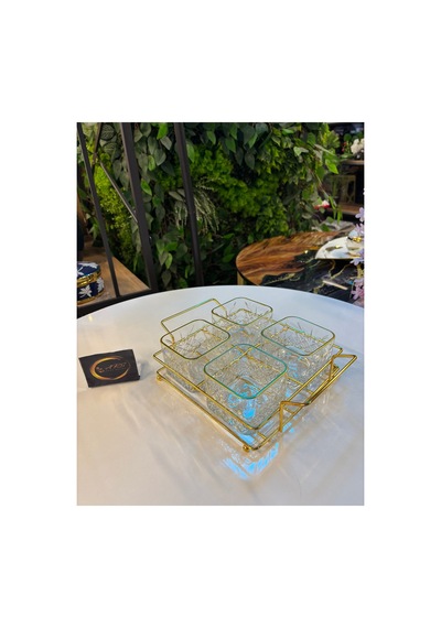 Ars Paşabahçe Timeless Yaldızlı Kare Kase, Metal Gold Standlı 4'lü Çerezlik, Sunumluk, Kahvaltılık
