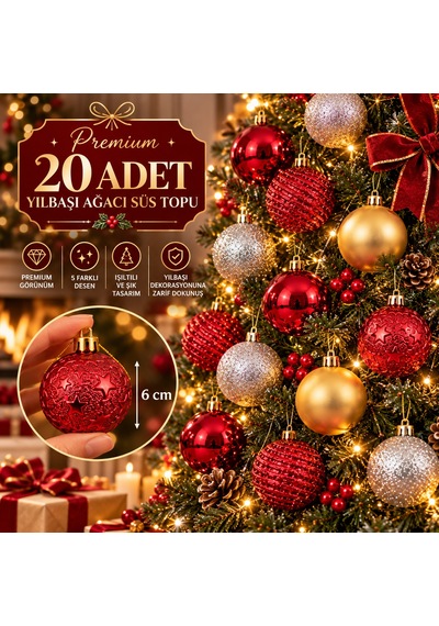 Bakgelal Premium 20 Adet Yılbaşı Ağacı Süs Topu Seti 6 Cm Karma Desenli Ve Renkli Çam Ağacı Süsü Kırmızı, Gold, Gümüş - 9016739373309 Diğer