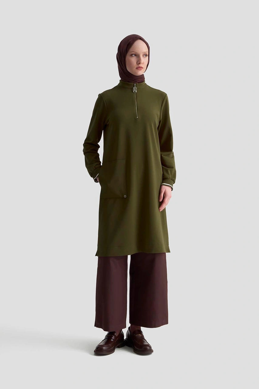 Armine Trend Kolları Ribanalı Yarım Fermuarlı Tunik Yağ Yeşili 25kt443 Yağ Yeşili