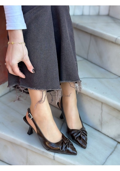 Ervanın Butiği Kahve Kırışık Deri Bow Fiyonk Detay Kadın Stiletto-6089