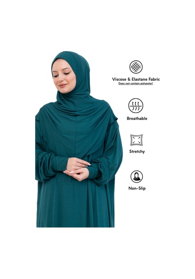 Modish Group Tek Parça Namaz Elbisesi Seti, Viskon Yumuşak Tesettür Abaya, Rahat Hazır Şal Başörtüsü Takım Zümrüt
