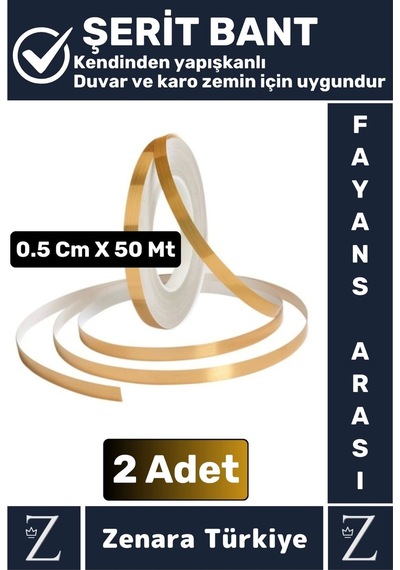 Premium Kendinden Yapışkanlı Su Geçirmez Fayans Arası Gold Şerit Derz Bant 0.5 Cm X 50 Metre 2 Adet