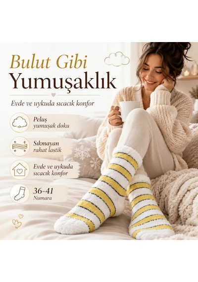 Peluş Çizgili Kadın Uyku Çorabı 36-40 Yumuşak Sıcak Tutan Sıkmayan Ev Çorabı Sarı Beyaz