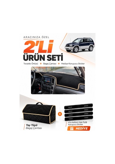 Suzukı Grand Vitara 2003-2006 Uyumlu Torpido Örtüsü + Tay Tüyü Bagaj Çantası Seti - Siyah Bej