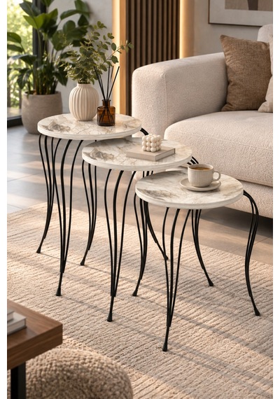 Sulorahome Lükens Metal Ayaklı Mermer Desenli 3'lü Zigon Sehpa Takımı Beyaz Beyaz - Beyaz Mermer