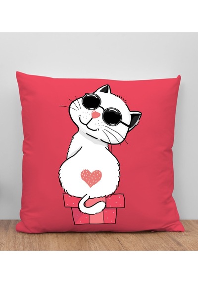 Bk Gift Kedi Tasarımlı Kırmızı Kırlent Yastık, Arkadaşa Hediye, Ev Dekorasyonu, Ev Hediyesi-6