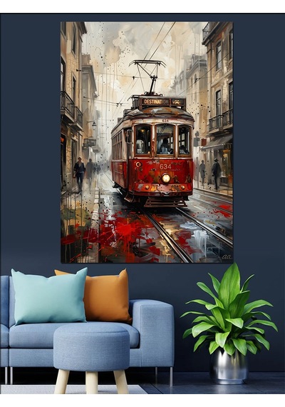 Yağmurlu İstanbul Sokağı Ve Tramvay Dekoratif Kanvas - Mdf Ahşap Tablo