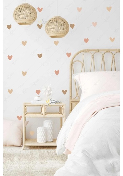 MSticker Boho Asimetrik Kalpler Çocuk Bebek Odası Duvar Sticker Seti - 150 Parça Kalp Sticker Seti
