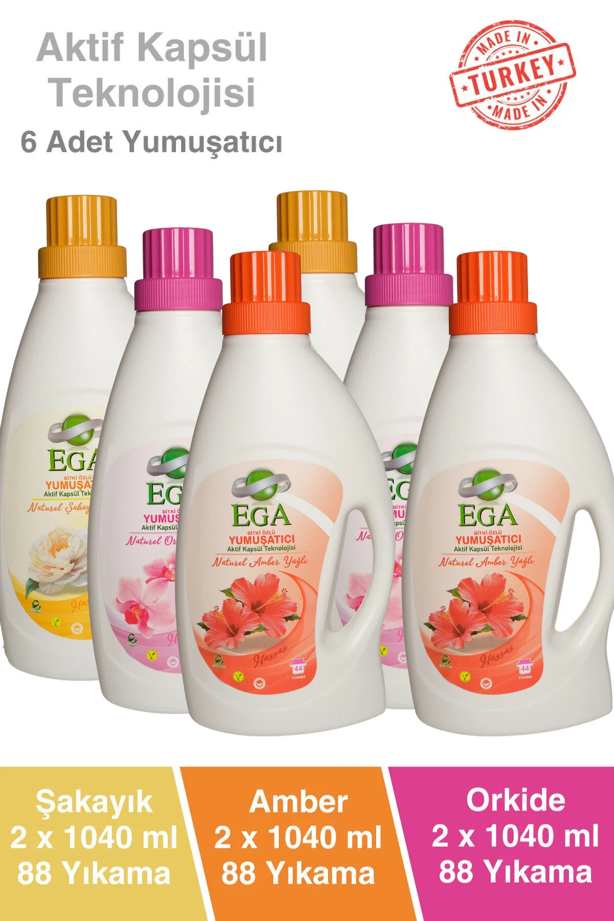 Aktif Kapsül Teknolojili Çamaşır Yumuşatıcısı 6 X 1040 Ml 264 Yıkama Şakayık Orkide Amber 6'lı Set