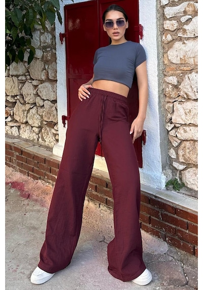 Madmext Bordo Bol Paça Müslin Kadın Pantolon Mg1980 Bordo
