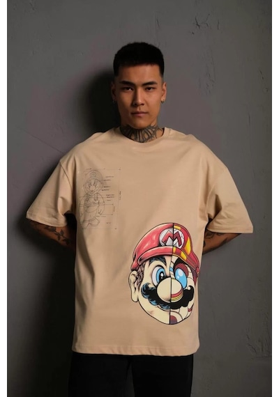 Erkek Mario Baskılı Oversize T-shirt - Bej 001