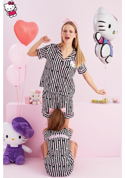 Siyah İnci Lisanslı %100 Pamuk Çok Renkli Düğmeli Biyeli Şort Pijama Takım Hk151 Siyah Beyaz