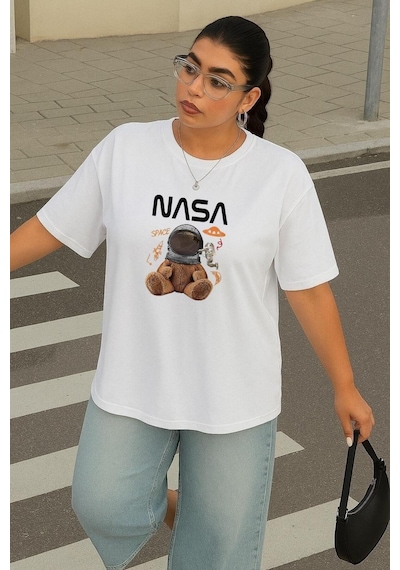 Büyük Beden Nasa Ayıcık Baskılı Unisex Tişört Beyaz