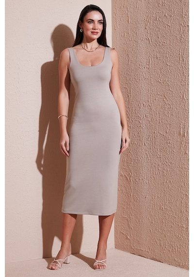 Lela Slim Fit Kalın Askılı Midi Bayan Elbise 5866154 Taş