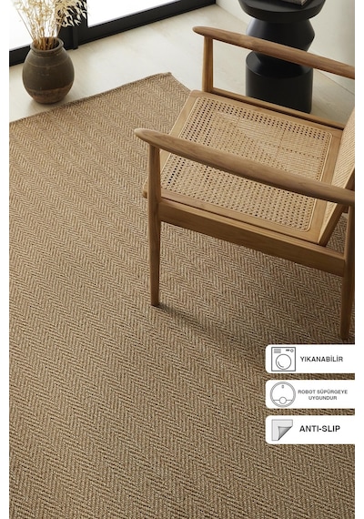 Ocean Home Textile Yıkanabilir Jüt Görünümlü Naturel Renk Balıksırtı Halı Kilim 160 X 230 Cm