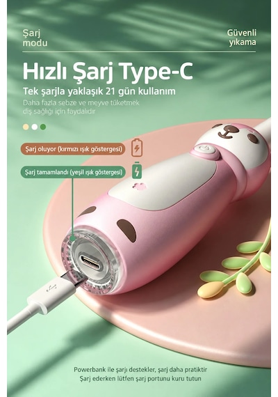 Exenar - Pembe - Çocuk Şarjlı Sonic Elektrikli Diş Fırçası 3 Akıllı Modlu Ipx7 Su Geçirmez Titreşimli Yumuşak Kıllı