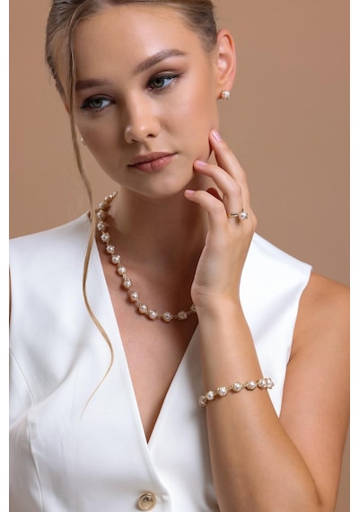 8,5 Mm Kafesli Doğal İnci Bileklik 23 Cm / Rose Rose Pembe Altın