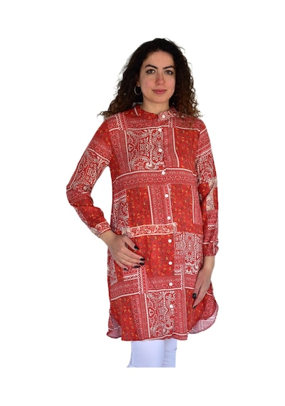 Kadın Uzun Pano Baskılı Desen Viscon Bluz Bgl-st04295 Kıremıt
