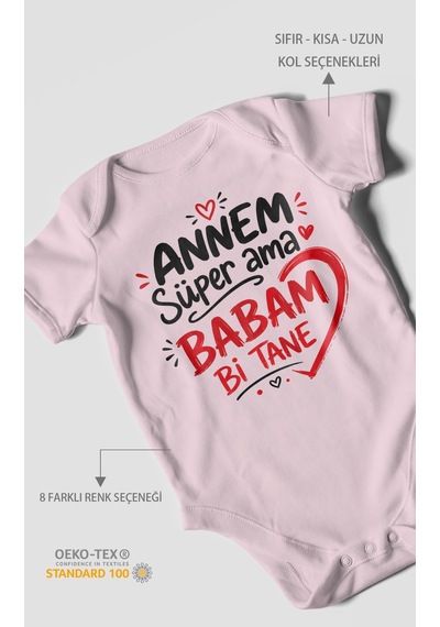 Morivokids Annem Süper Ama Babam Bi Tane Kısa Kollu Bebek Body %100 Pamuk Bebe Pembe