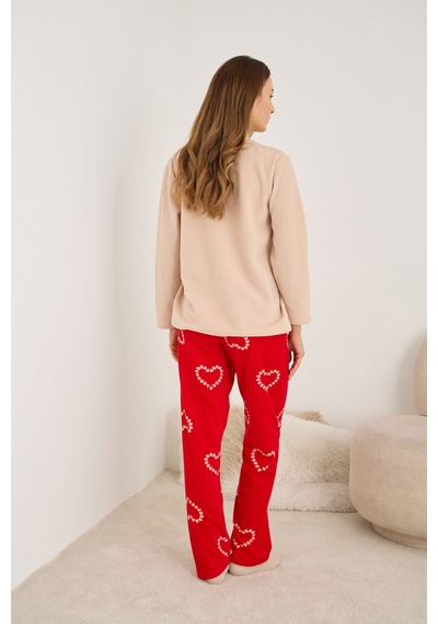 Siyah İnci Fitilli Polar Kışlık Örme Pijama Takım 25222049 Somon-kırmızı