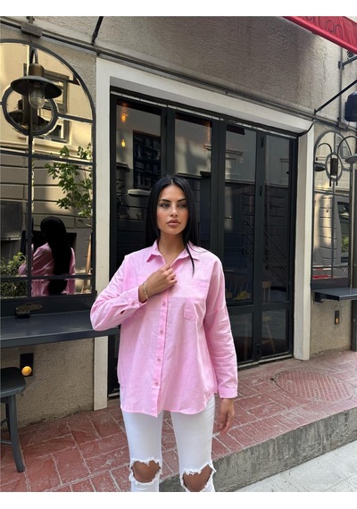 WeShaya Pembe Oversize Pamuk Karışımlı Cepli Gömlek Pembe