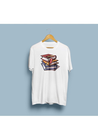 Oversize Üst Üste Kitaplar Baskılı Unisex T-shirt Beyaz