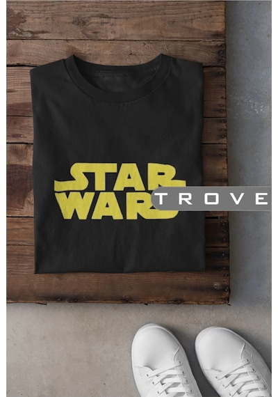 Startmore Unısex Kadın Erkek Star Wars Siyah Beyaz Tasarım Baskılı %100 Pamuk T-shirt Siyah