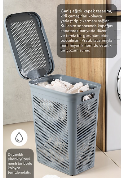 2'li Kirli Çamaşır Sepeti Seti - 40 Litre Kapaklı Delik Detaylı Stash Slim Kirli Sepeti Gri Gri