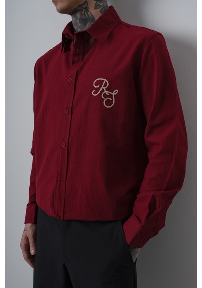 Respire Erkek Res Nakışlı Uzun Kollu Keten Oversize Gömlek Bordo