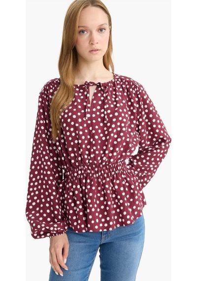 Defacto Regular Fit Bisiklet Yaka Puantiyeli Uzun Kollu Bluz E9920ax25aubr375 Bordo
