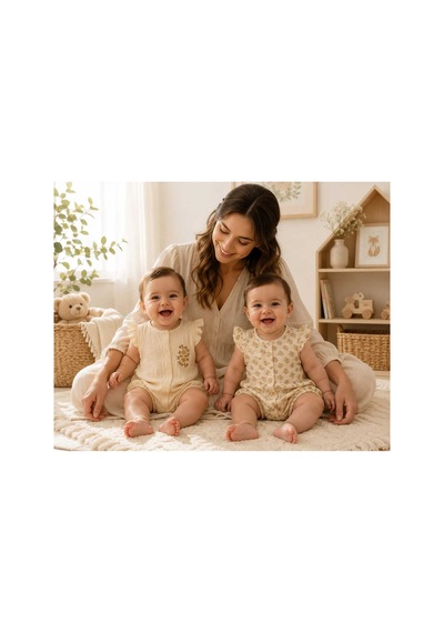 Bambino 2. Unez Kız Bebek Müslin Tulum Seti Fırfır Kollu Pamuklu Yazlık 2'li Takım Bej Bej