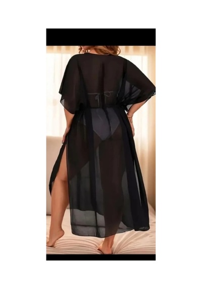 Nisanurtekstil Şifon Şeffaf Kimono Bornoz,plaj Örtüsü Siyah Siyah