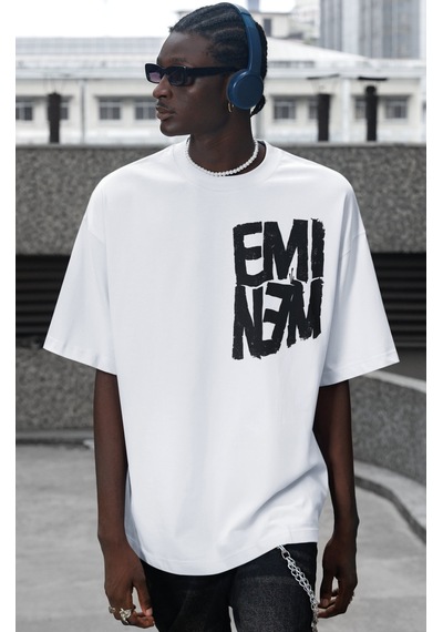 Eminem Recovery Rapper Şarkıcı Sırt Baskılı Unisex Oversize Tişör Beyaz