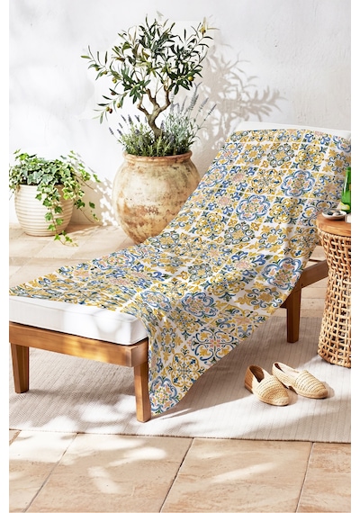 Çini Desenli Etnik Akdeniz Plaj Havlusu - Bohem Marine Sarı Mavi Hızlı Kuruyan Mikrofiber Havlu Berrak Zeytin