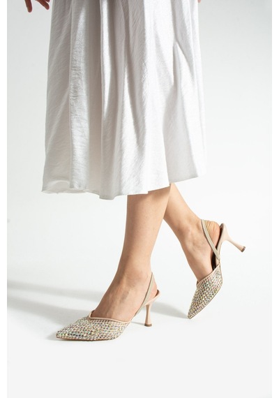 Lebibe Shoes Mına Kadın Bej File Taşlı 7 Cm Topuklu Slingback Sivri Burun Abiye Ayakkabı