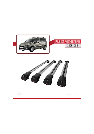 Peugeot Partner Tepee 2008-2018 Arası İle Uyumlu Ace-1 Ara Atkı Tavan Barı Gri 4 Adet Bar