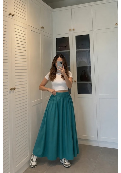 Kadın Petrol Yeşili Poplin Kumaş Uzun Etek Beli Lastikli Günlük Maxi Etek 90 Cm