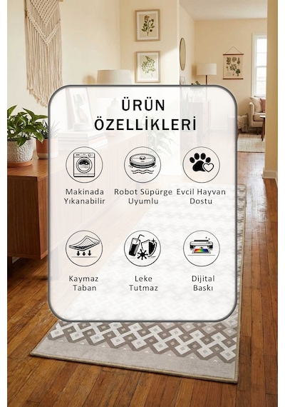 Bej Salon Mutfak Yatak Odası Dijital Baskı Yıkanabilir Yolluk