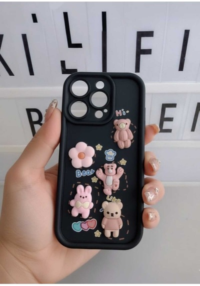 Apple Uyumlu iPhone 16 Pro Ayıcık Desen Kılıf Modeli Siyah